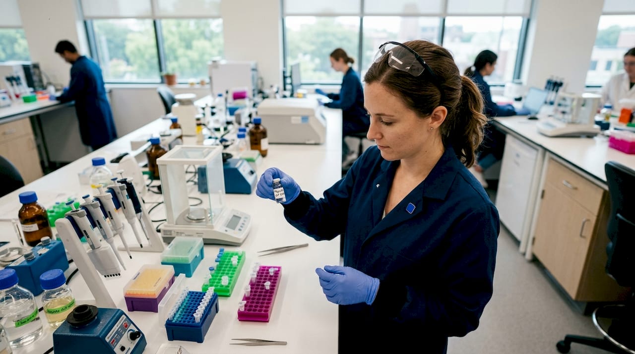 Researcher inspecting peptide vial in lab