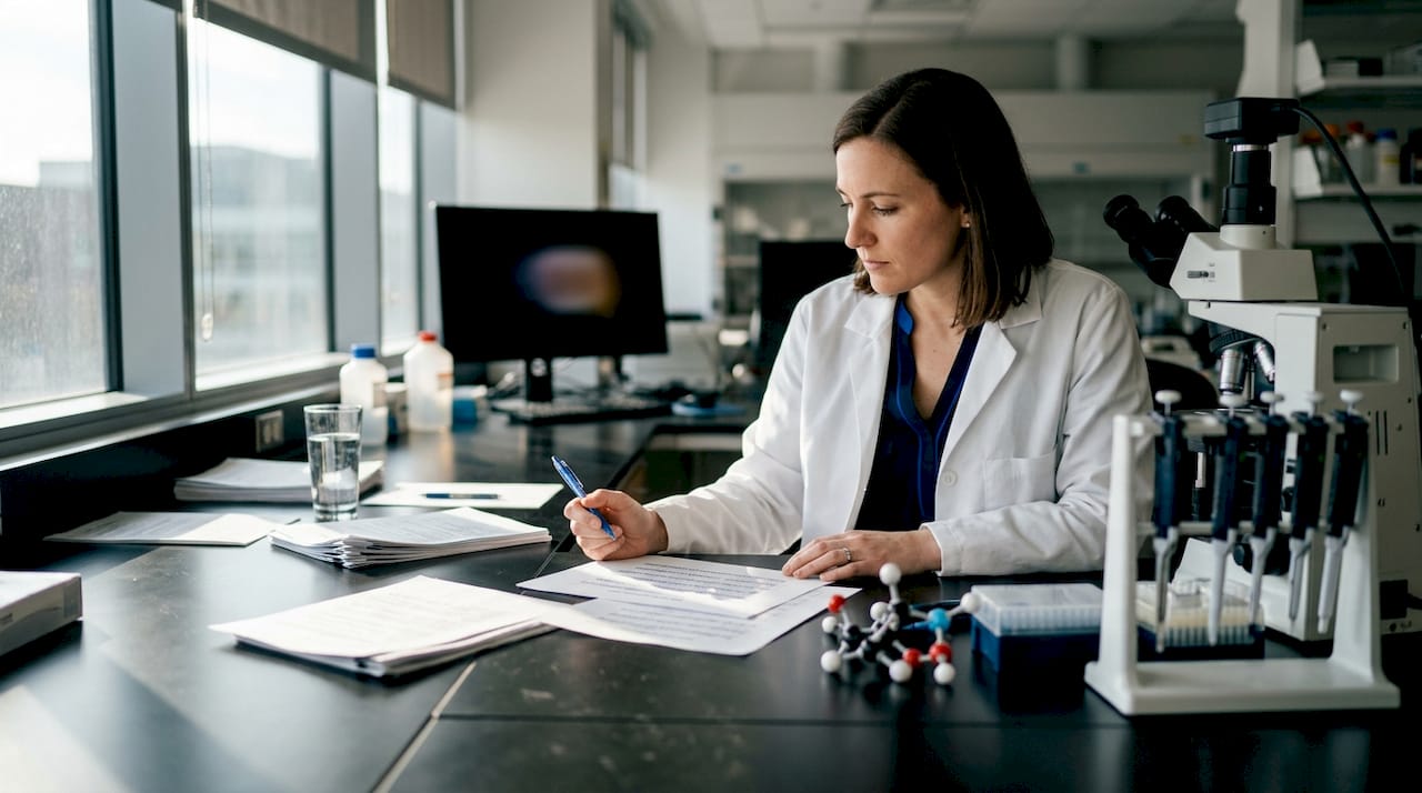 Scientist reviewing peptide research data at desk