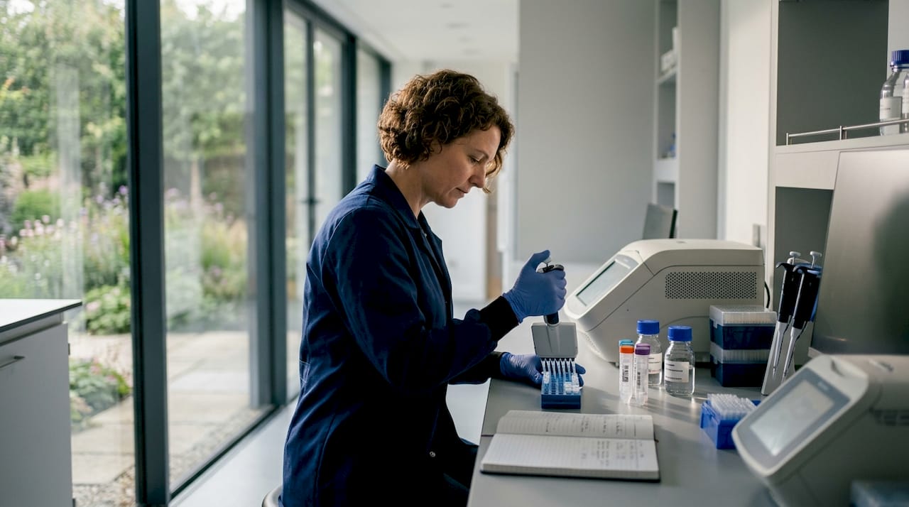Molecular biologist pipetting at lab bench