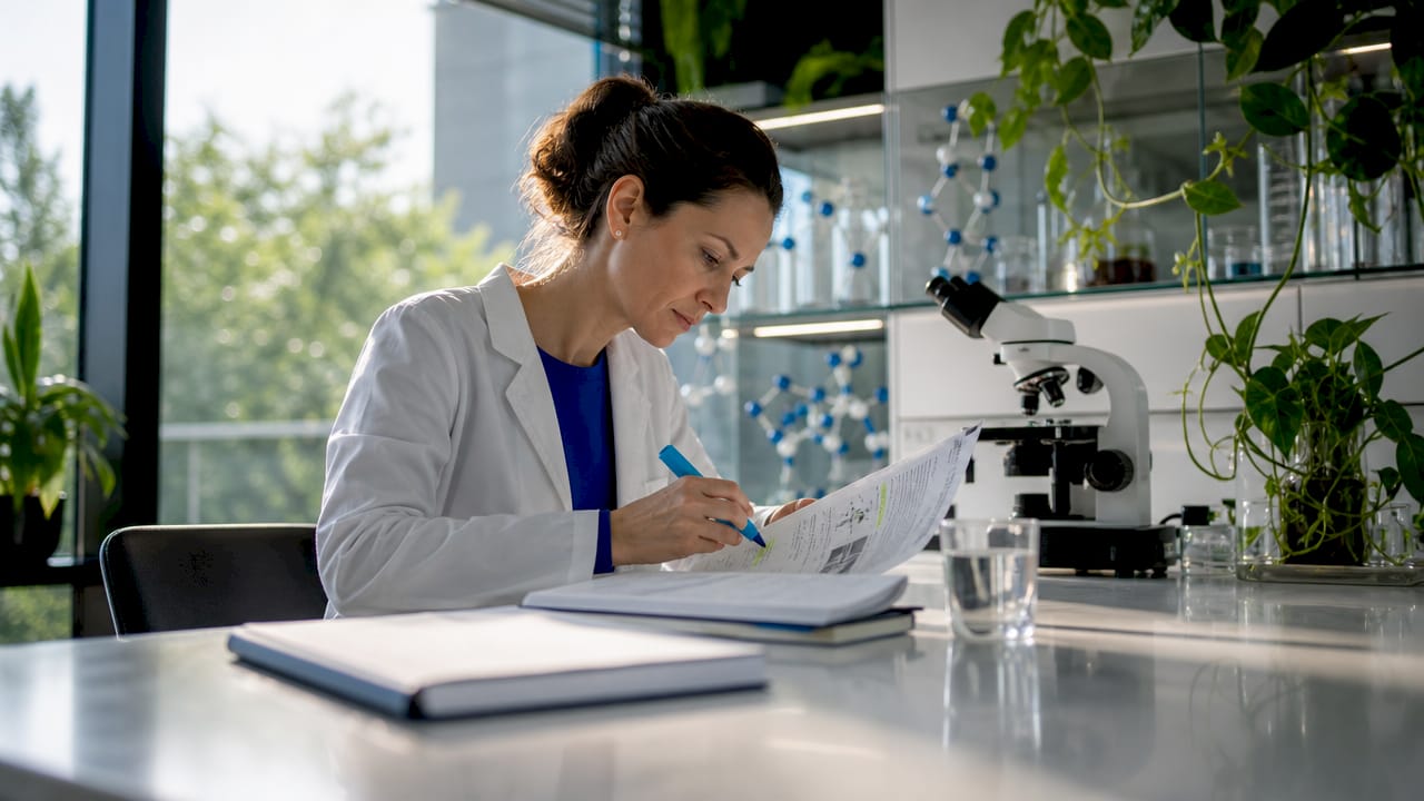 Neuroscientist reviewing peptide research paper