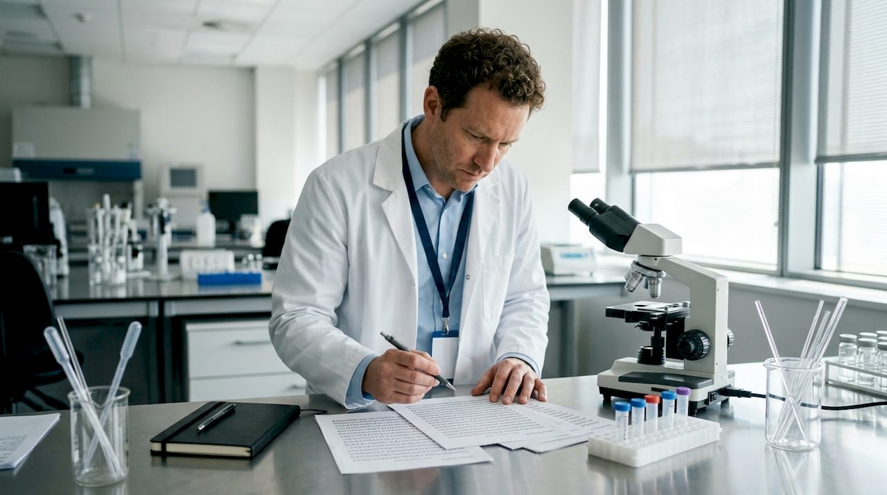 Biochemist studying peptides at lab bench