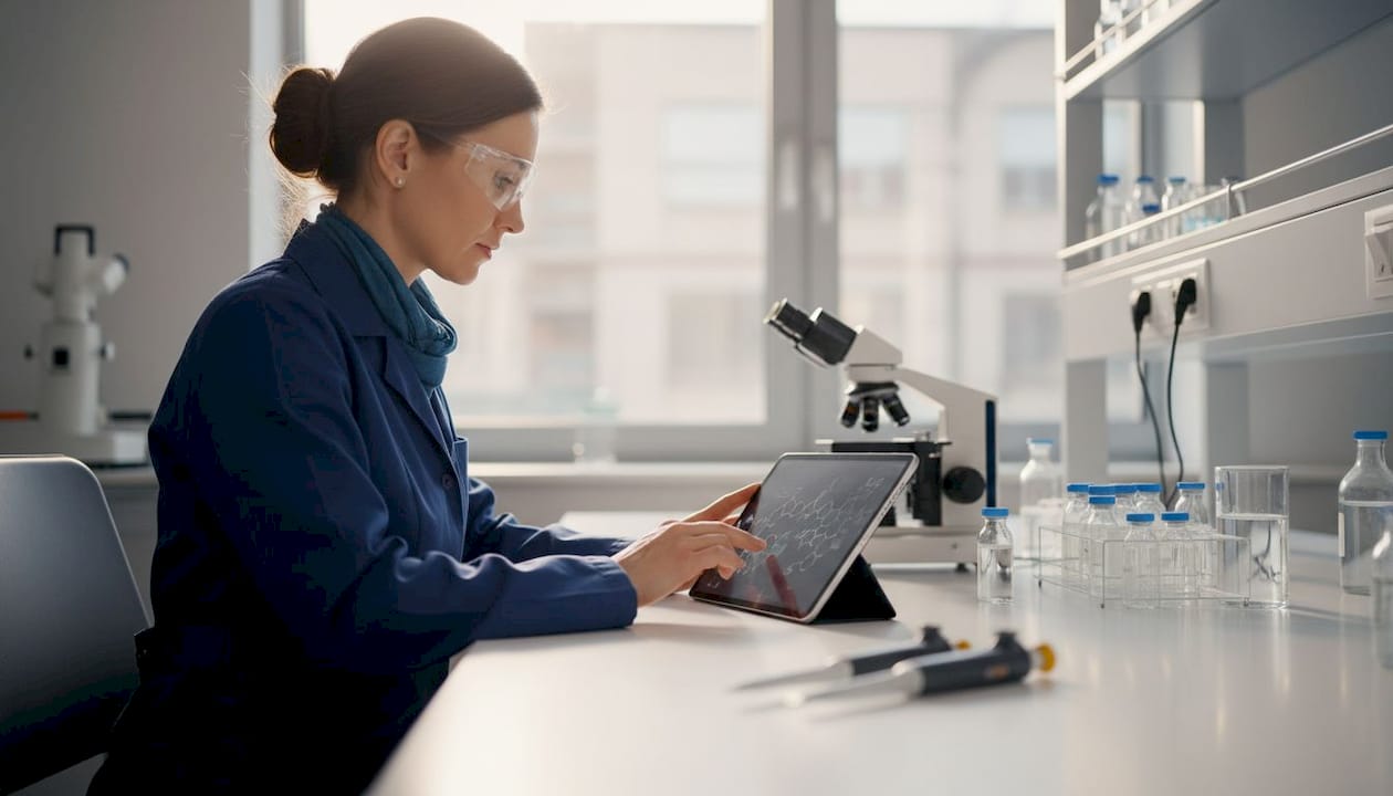 Biochemist examining peptide research materials