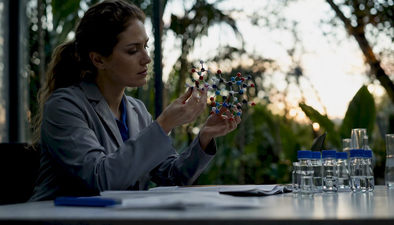 Scientist examining peptide MT2 molecular model