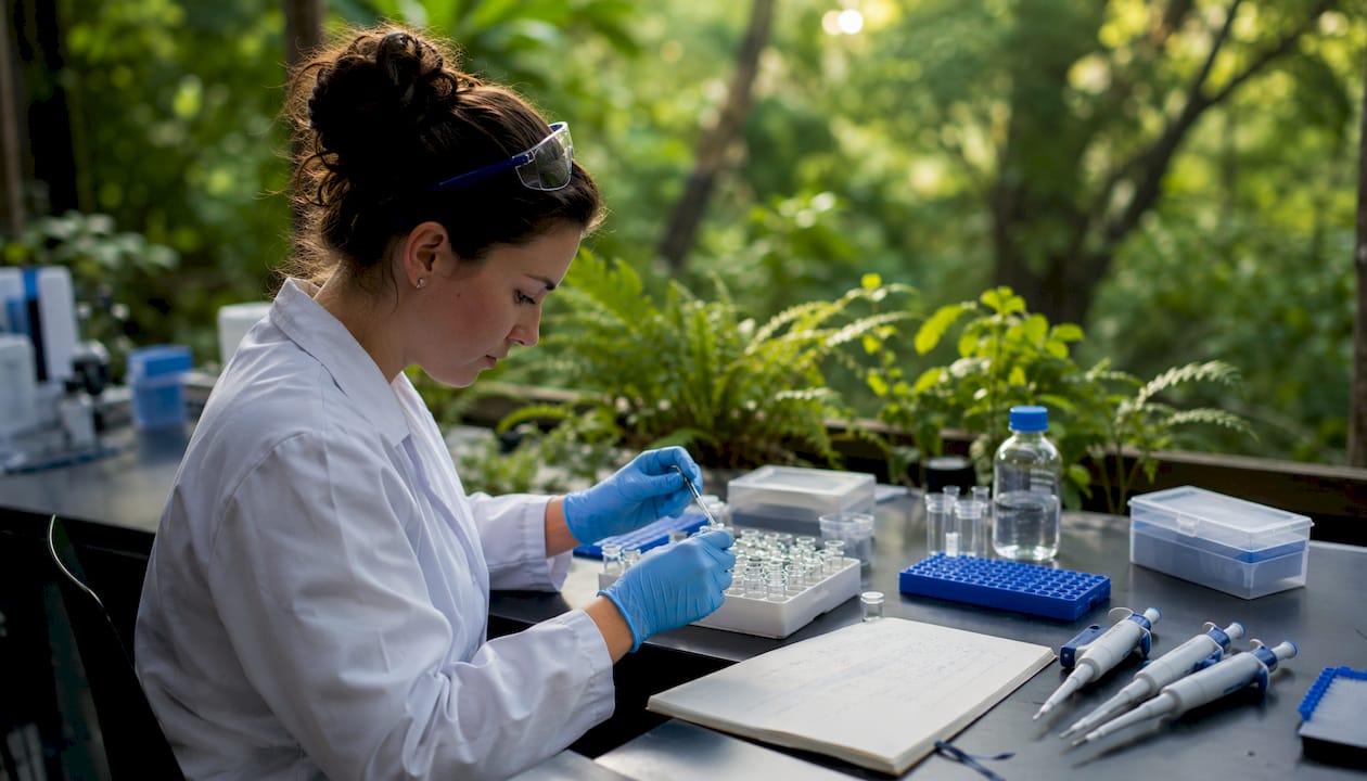 Scientist preparing thymosin peptides in lab