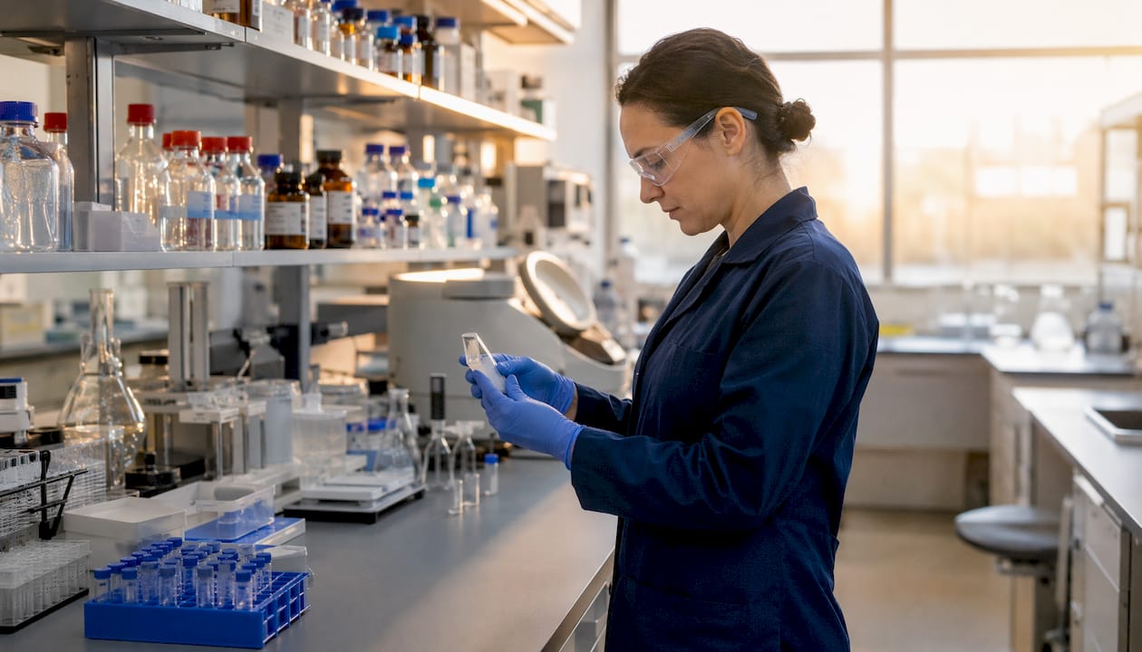 Biochemist holding peptide sample in research lab