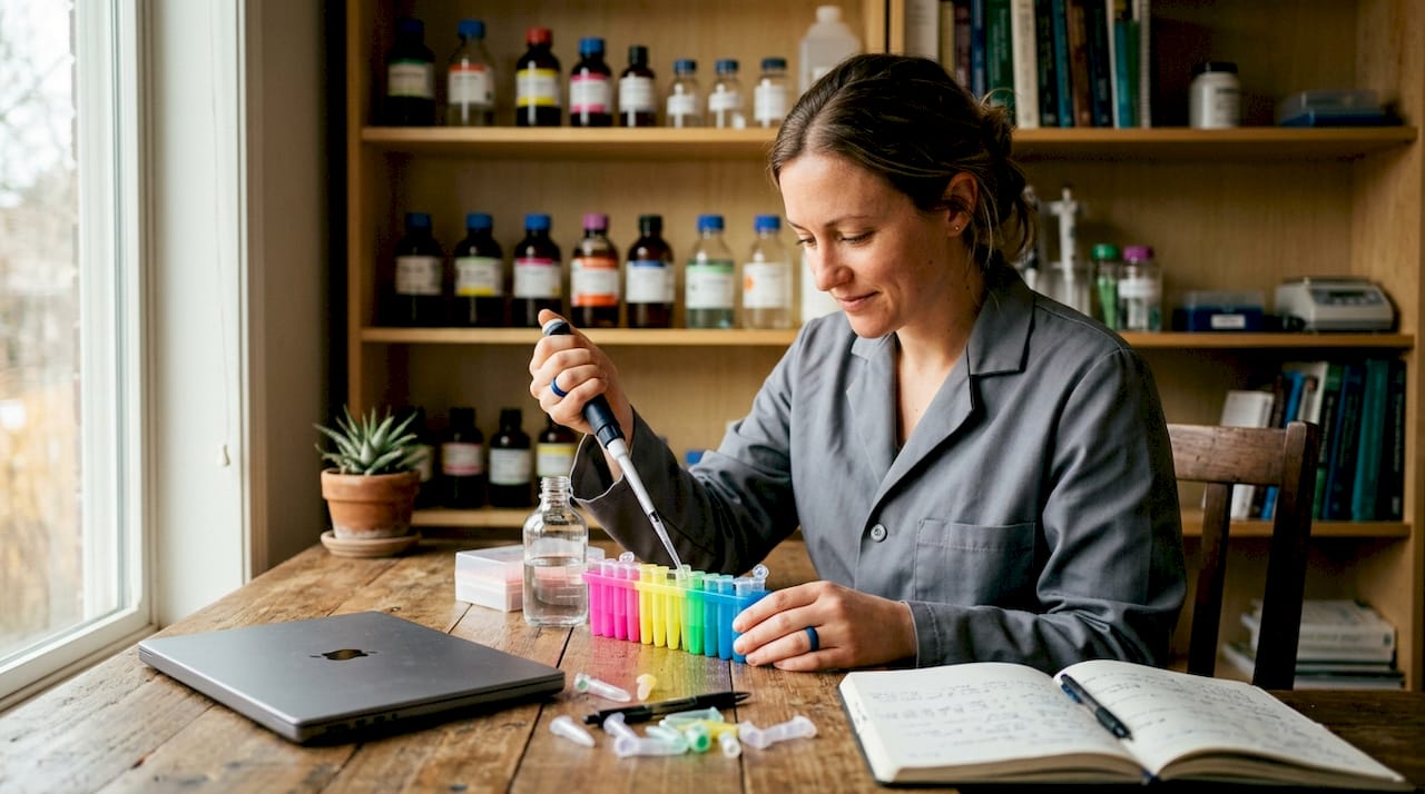 Scientist pipetting in peptide research lab