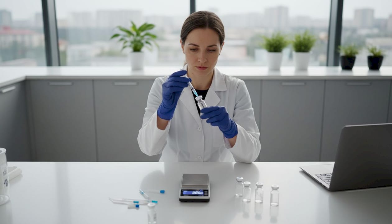 Scientist withdrawing bacteriostatic water for peptide reconstitution