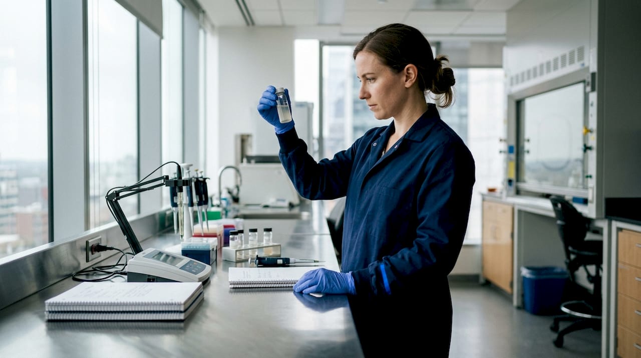 Researcher examining peptide sample in lab