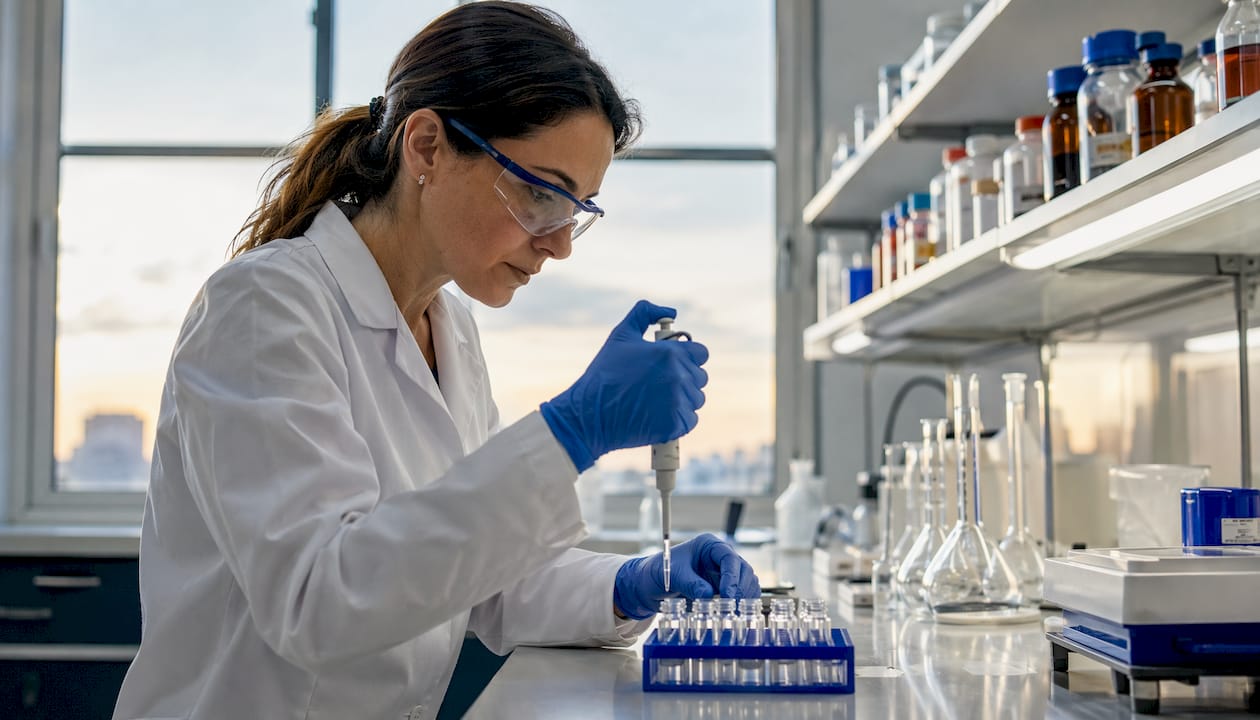Scientist pipetting peptide solution in lab
