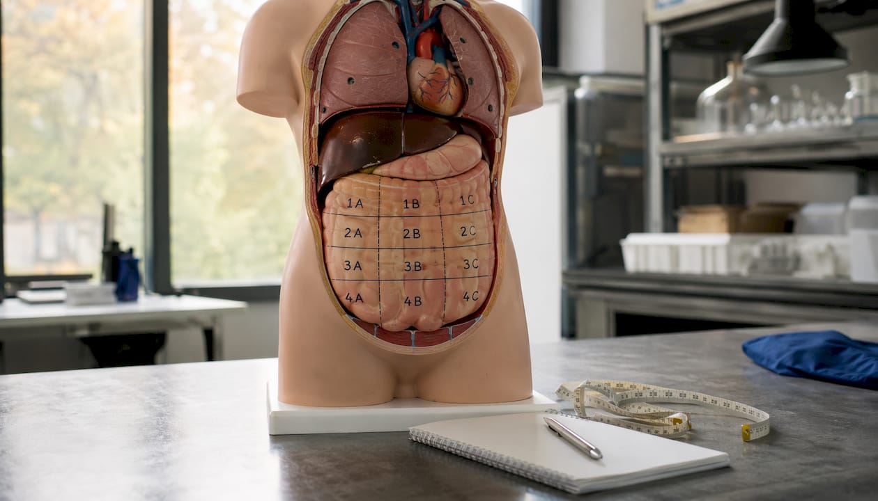Abdominal quadrant body grid with injection log on table