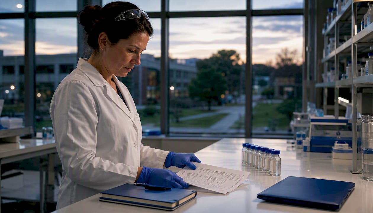 Scientist reviewing alpha peptide certificate of analysis