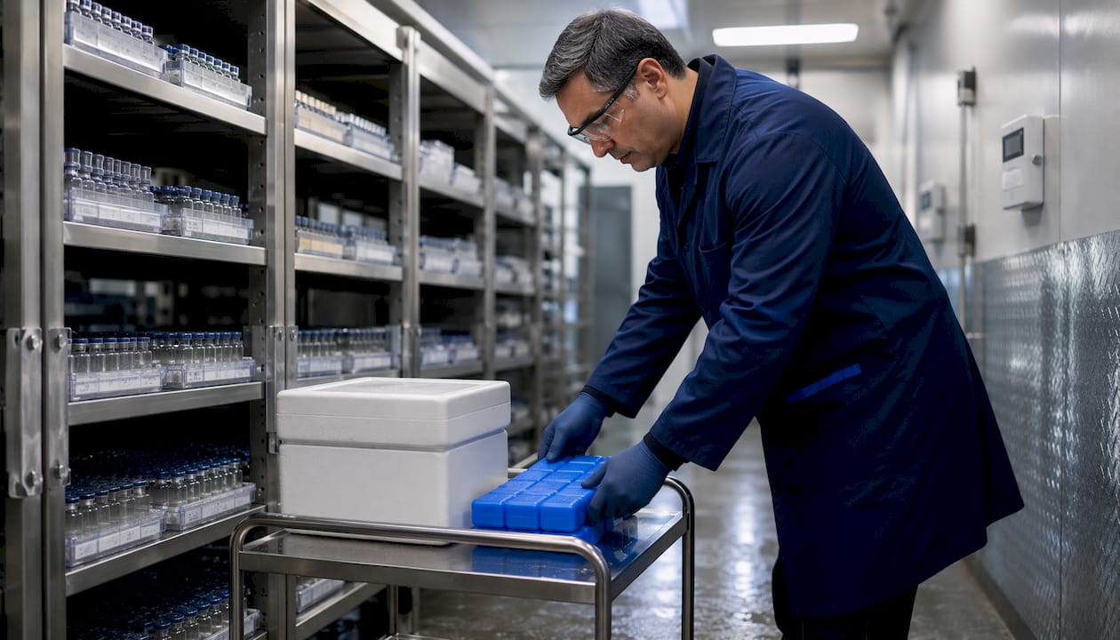 Lab technician handling peptide shipment in cold storage