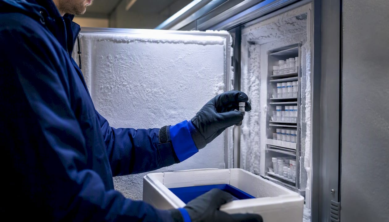 Hands transferring lyophilized peptide from laboratory freezer