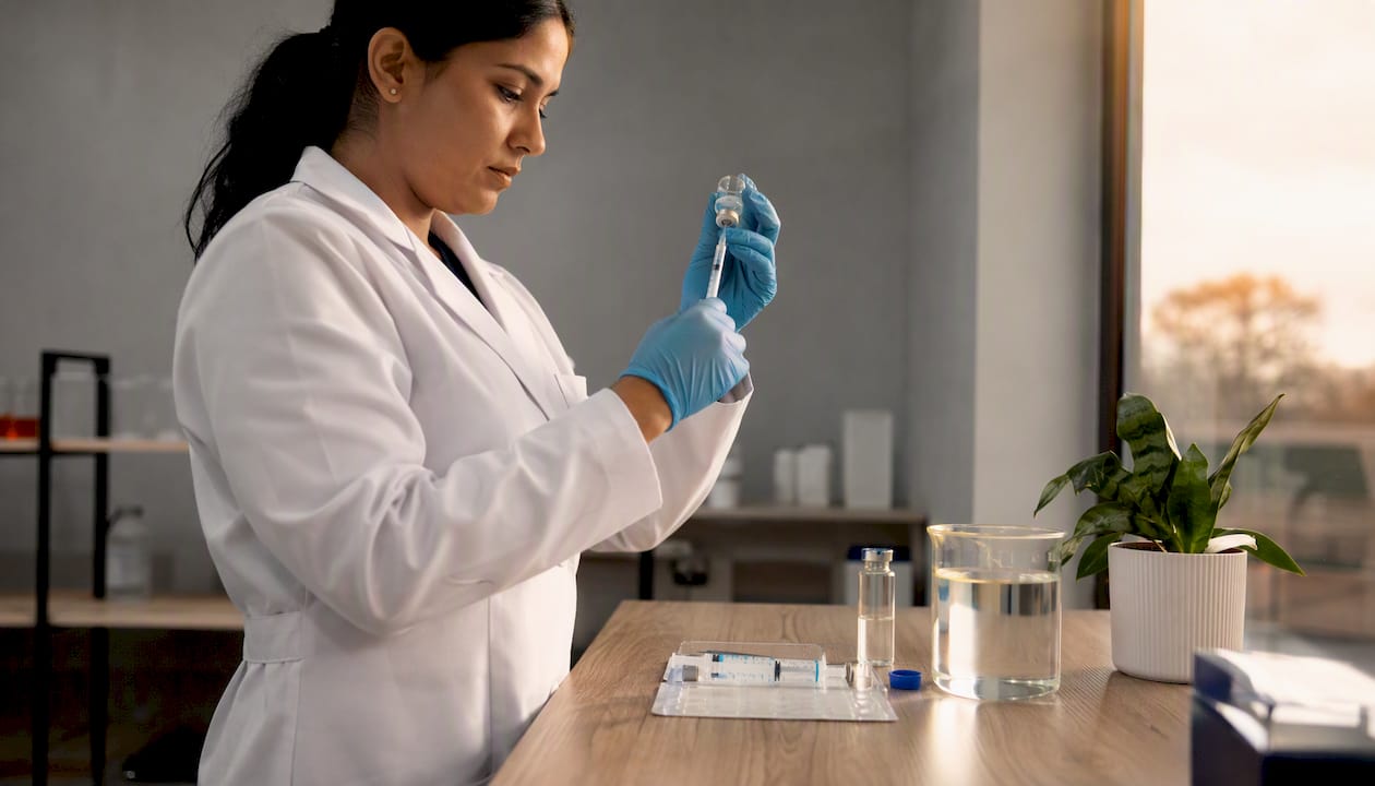 Lab technician drawing bacteriostatic water syringe