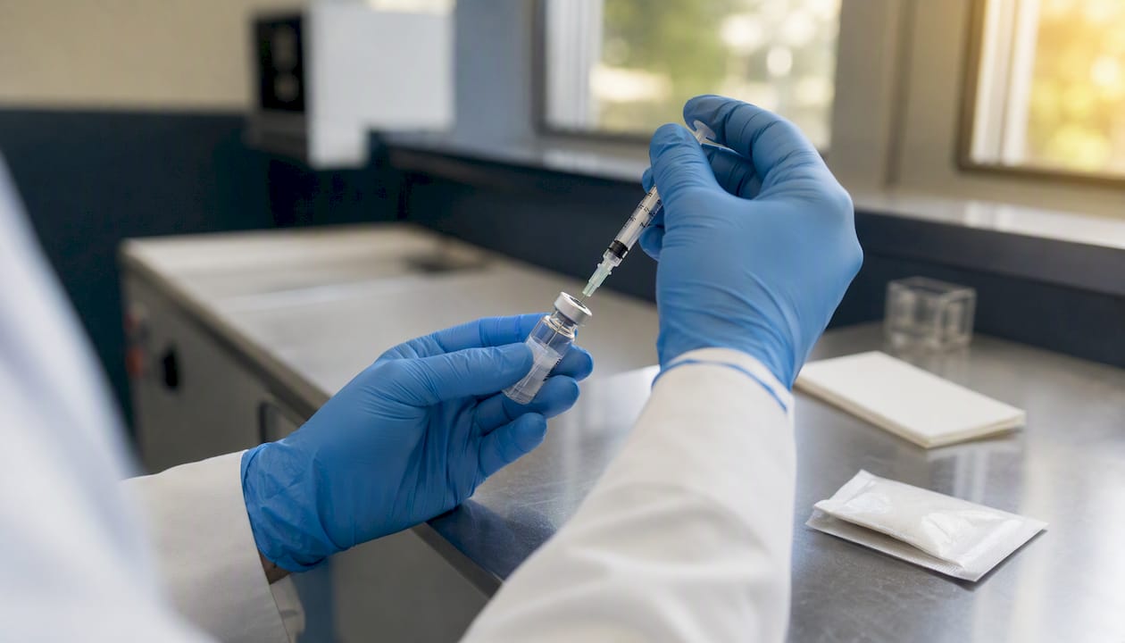 Hands reconstituting peptide with bacteriostatic water