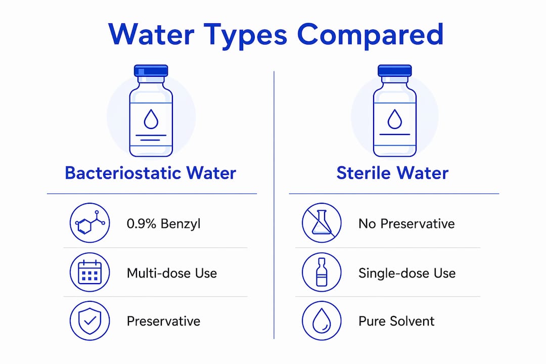 Infographic comparing bacteriostatic and sterile water types