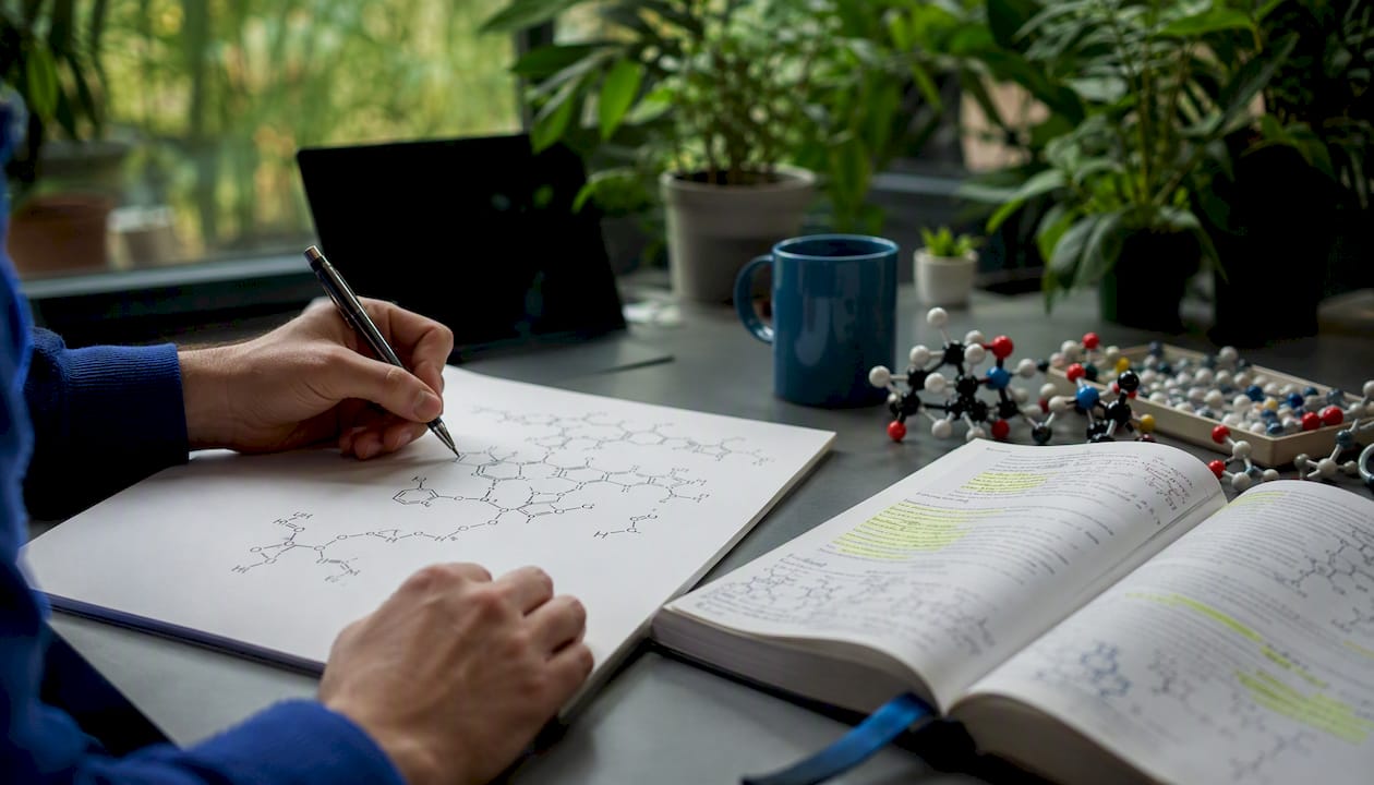 Hands sketching cagrilintide chemical structure drawing