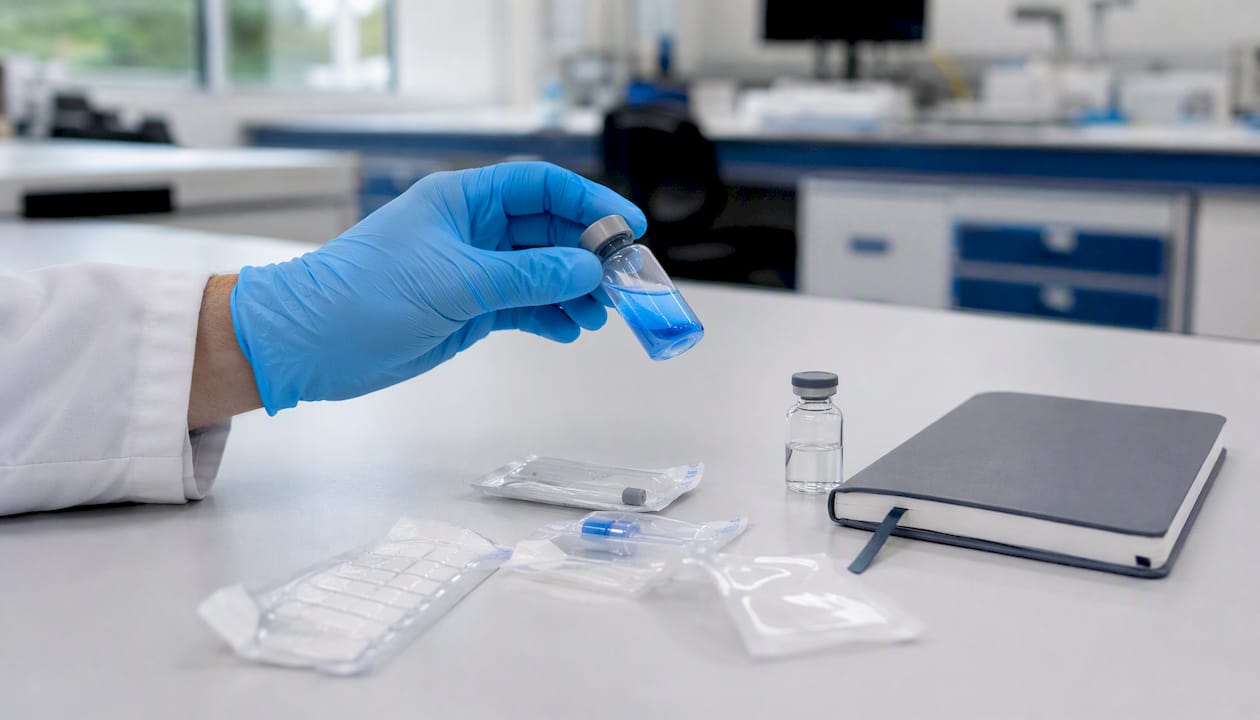 Gloved hand swirling peptide vial during reconstitution