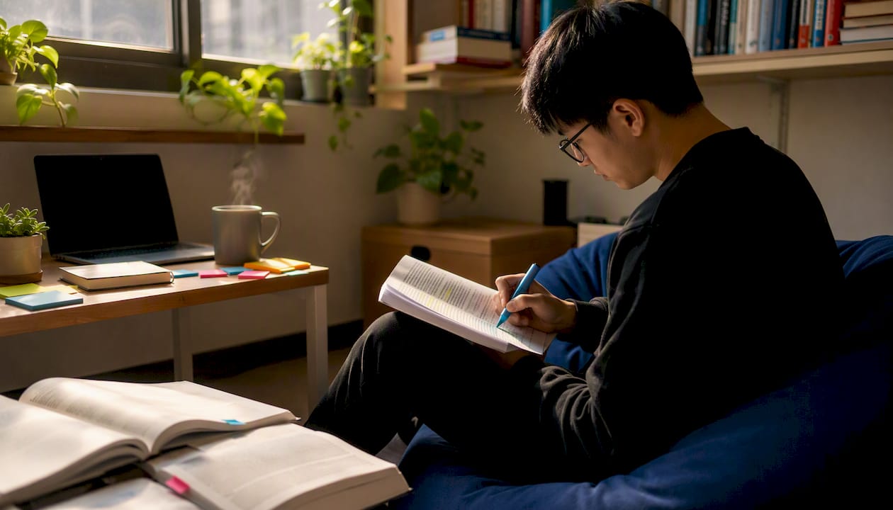 Overhead view of student studying DNA repair notes