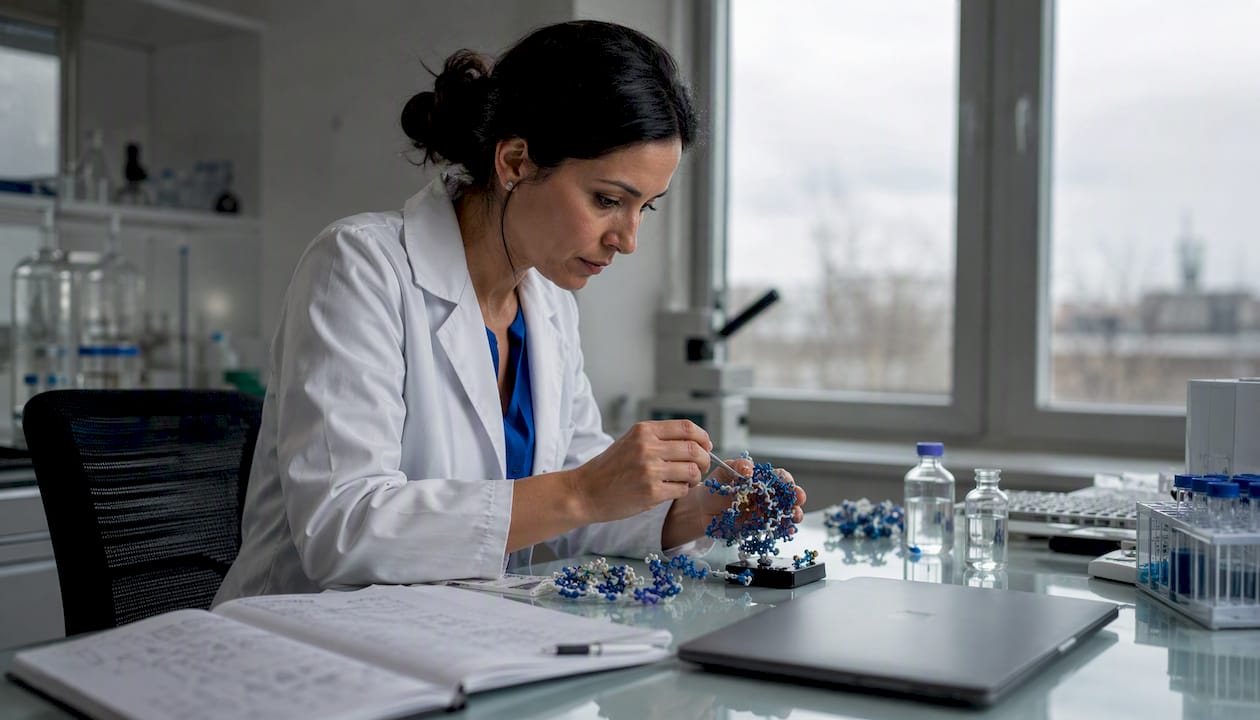 Scientist assembling protein molecular model in bright lab