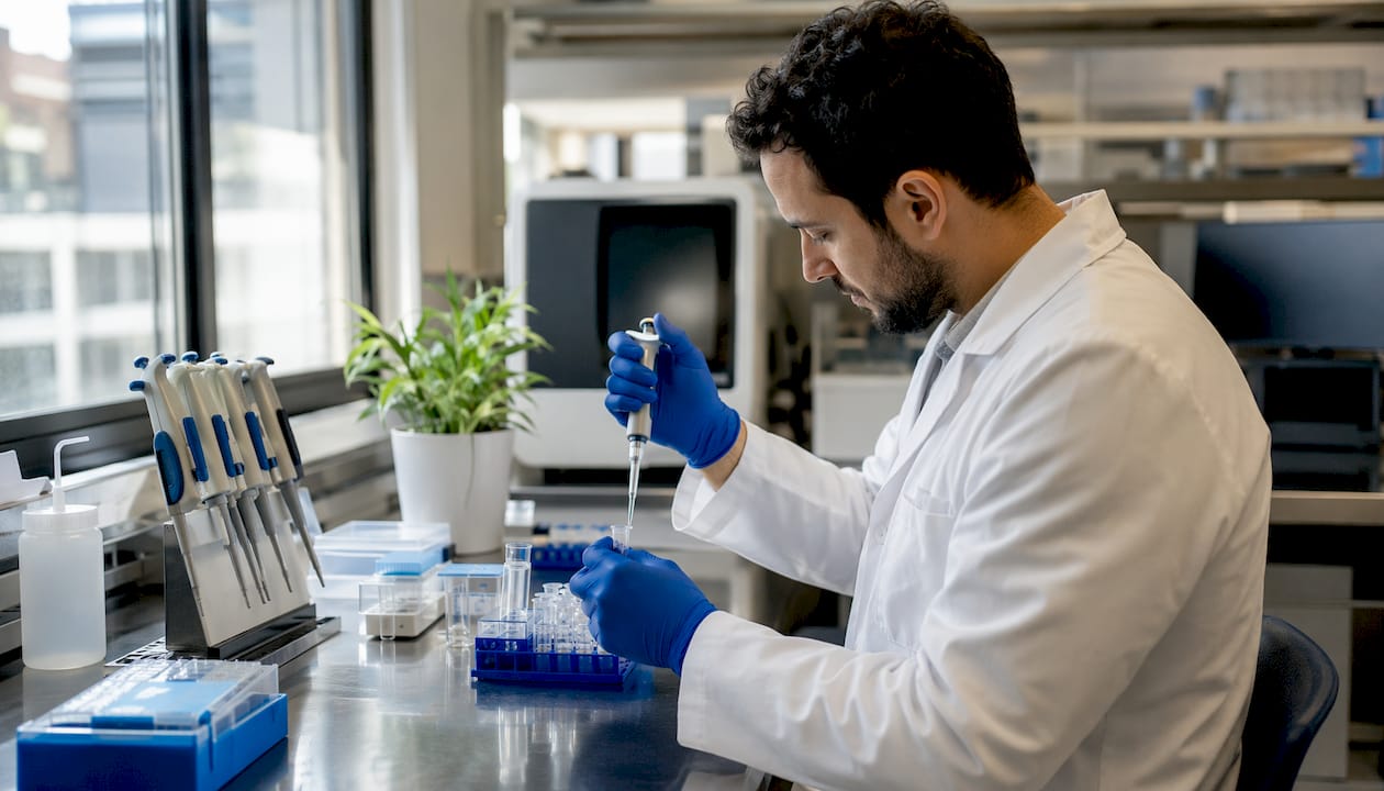 Researcher pipetting protein assay sample in lab