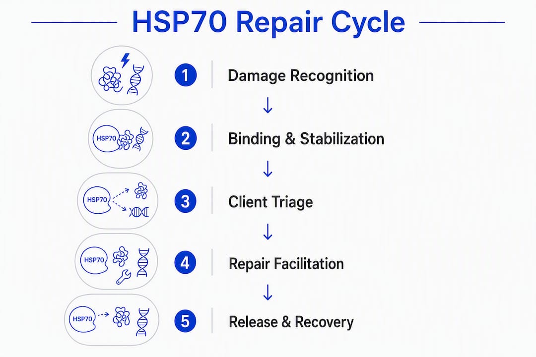 Infographic illustrating stages of HSP70 repair cycle