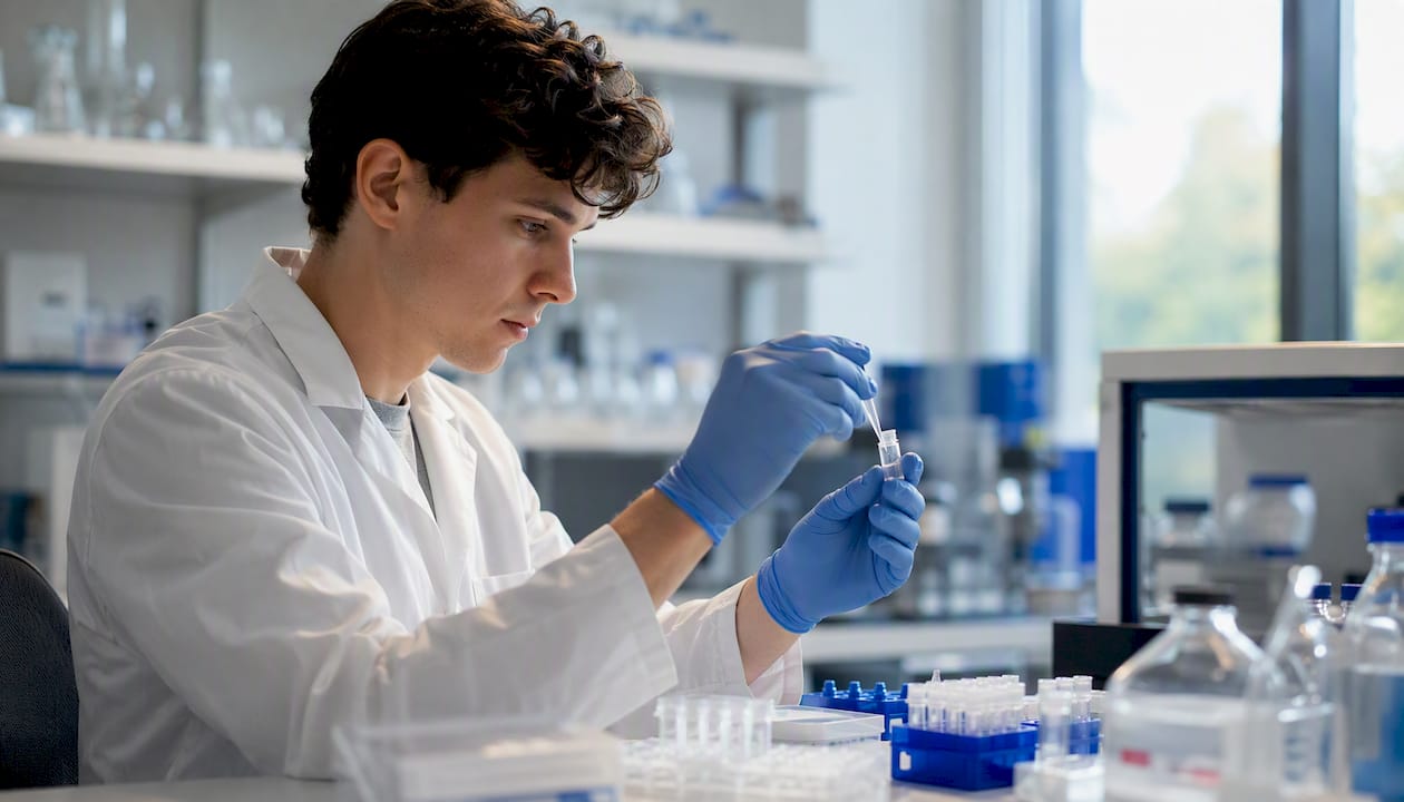 Hands holding vial with mitochondrial peptides
