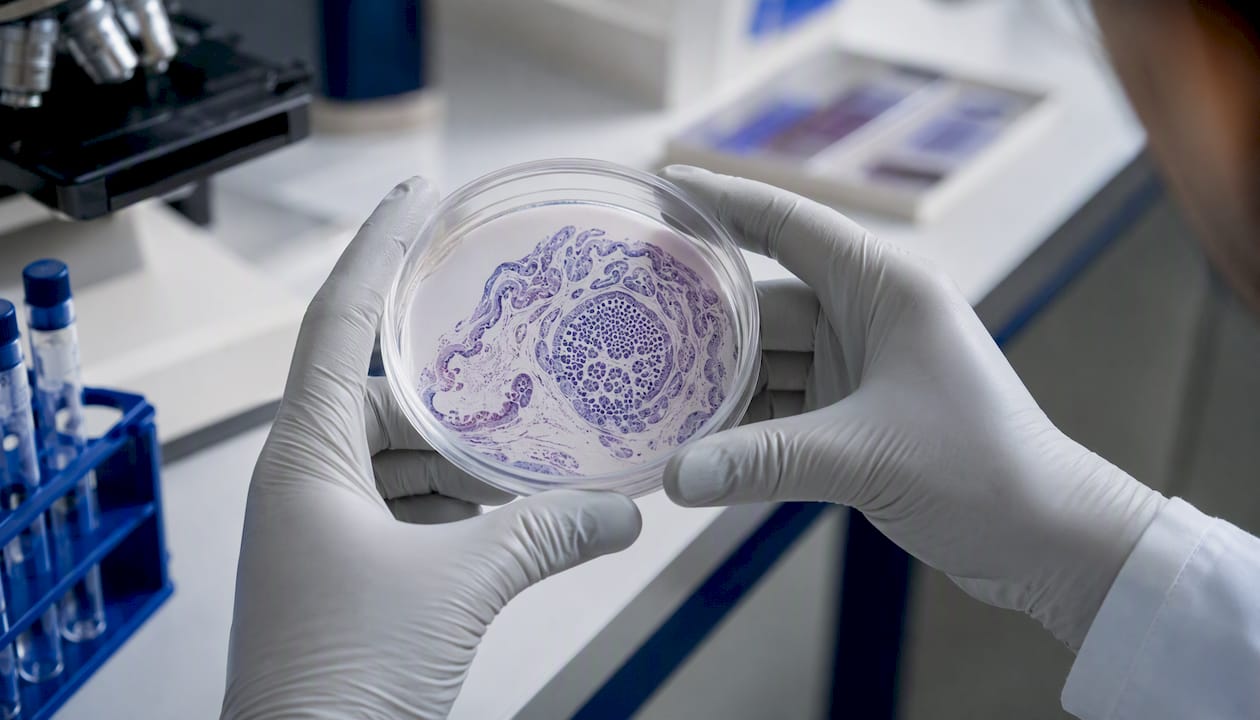 Close-up of stained stem cell niche tissue in petri dish