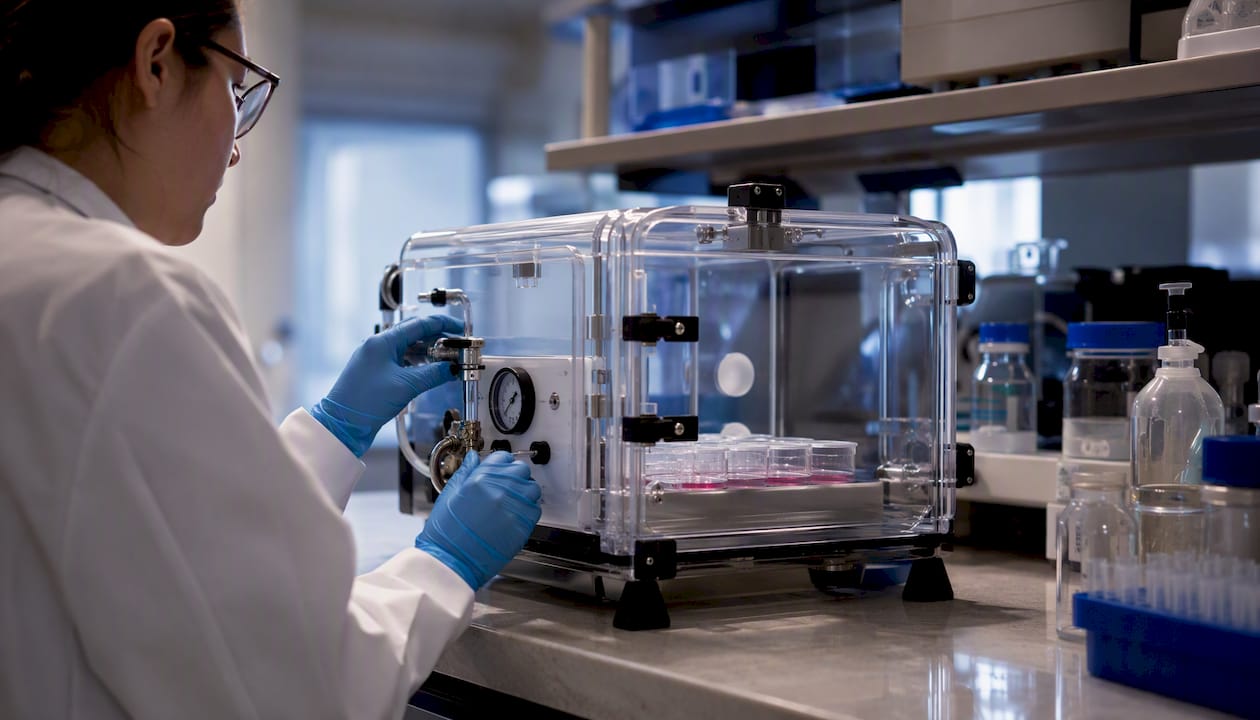 Hypoxia chamber setup in cell research lab