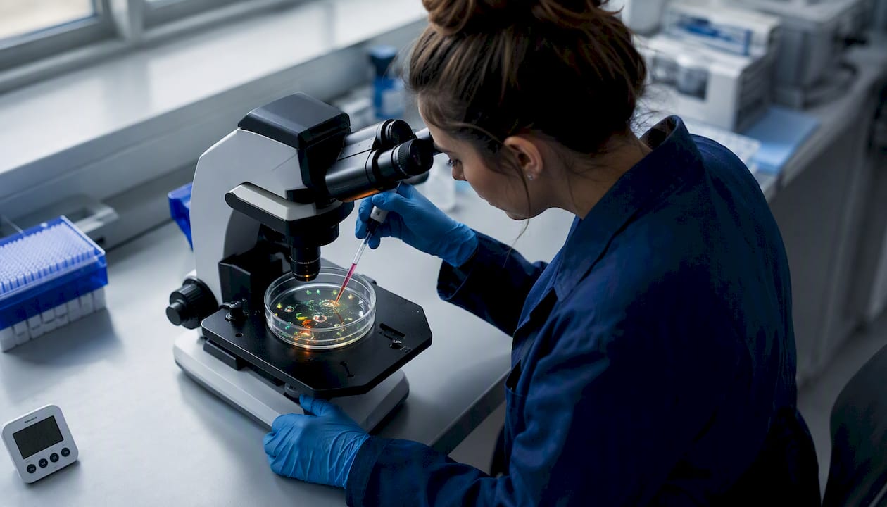 Scientist injecting test solution in petri dish