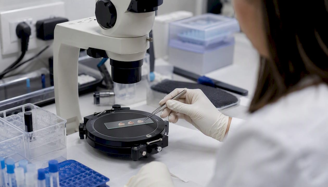 Gloved hand handling skin tissue sample in lab