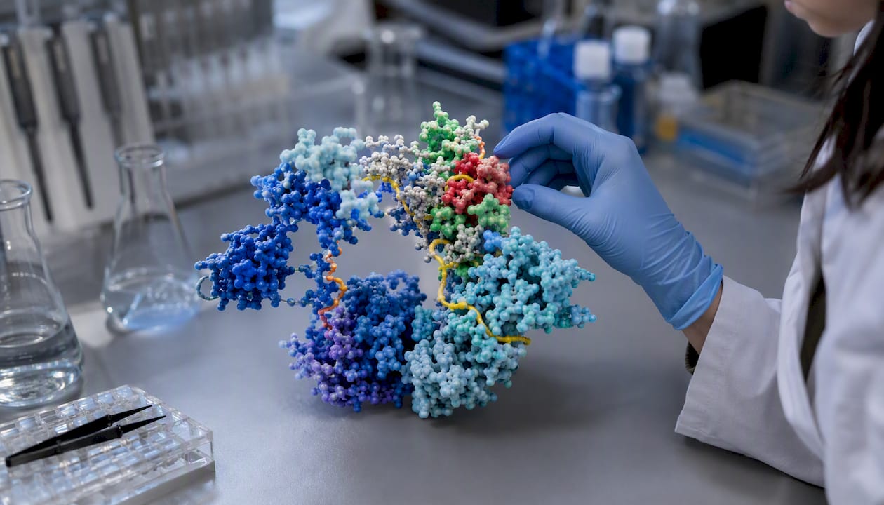 Gloved hand manipulating cellular signalling molecular model