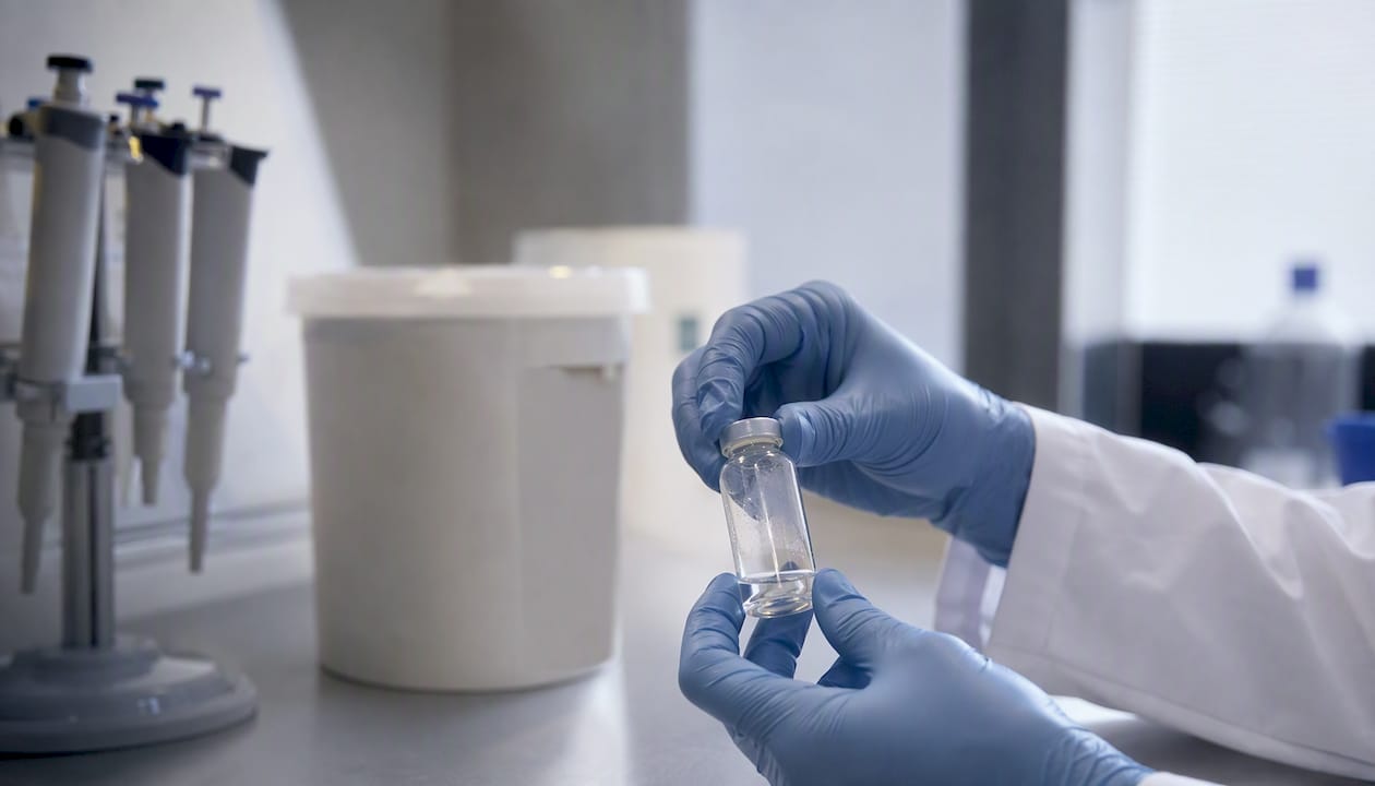Swirling peptide solution in vial