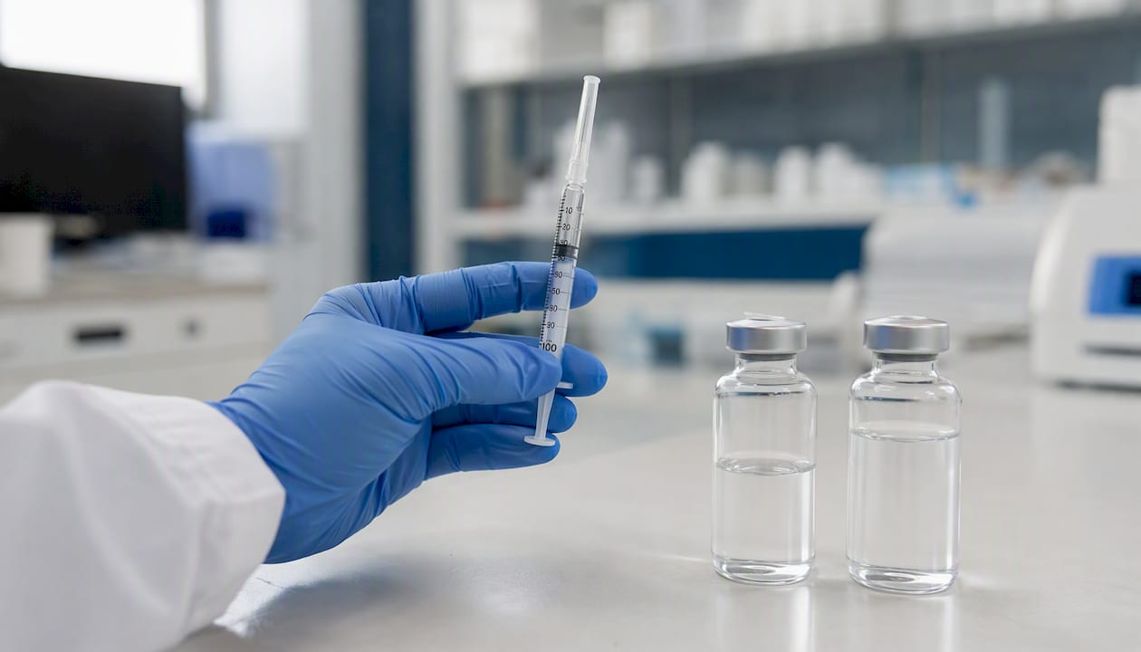 Syringe measuring peptide dose at lab bench