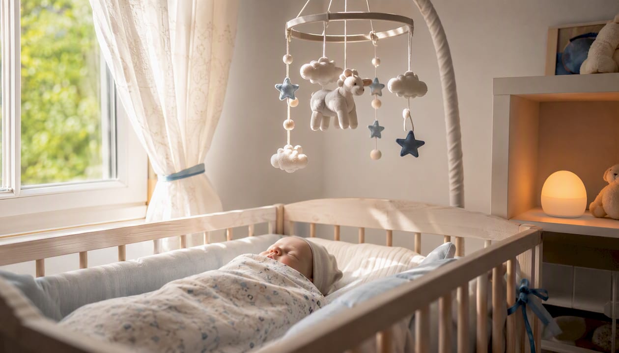 Sunlit nursery with sleeping infant cot