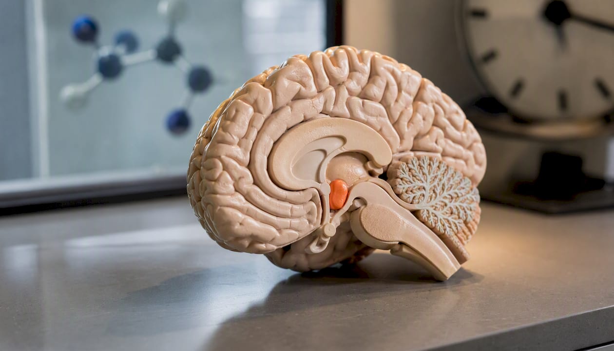 Close-up of brain model highlighting circadian clock area
