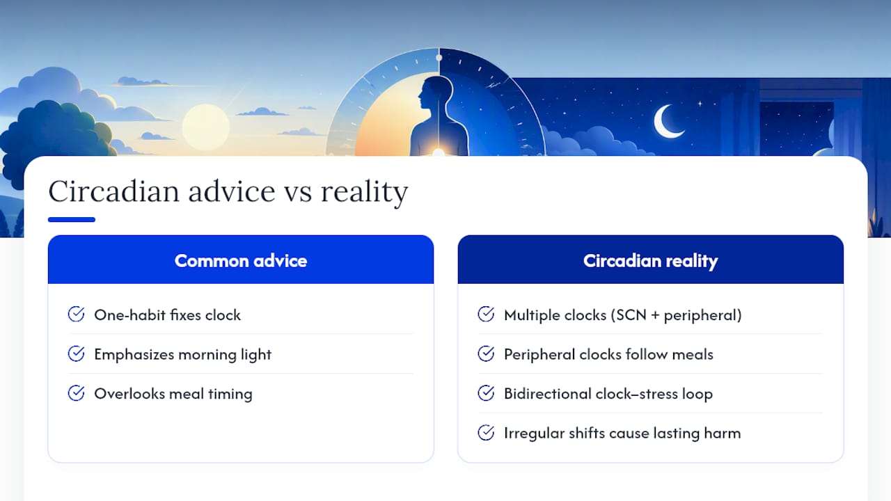 The Gap Between Circadian Advice and Circadian Reality — overview diagram
