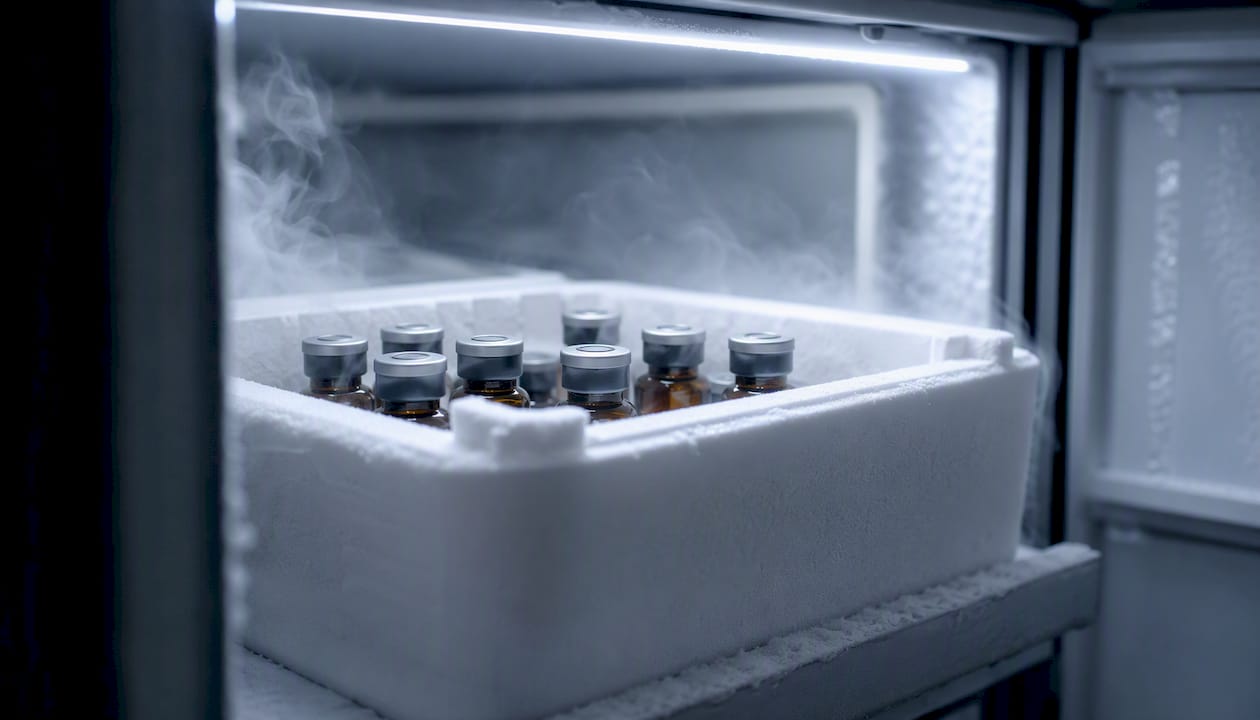 Foam insulated box with vials inside frost-free freezer