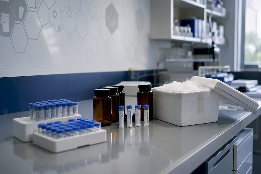 Peptide storage supplies on lab bench