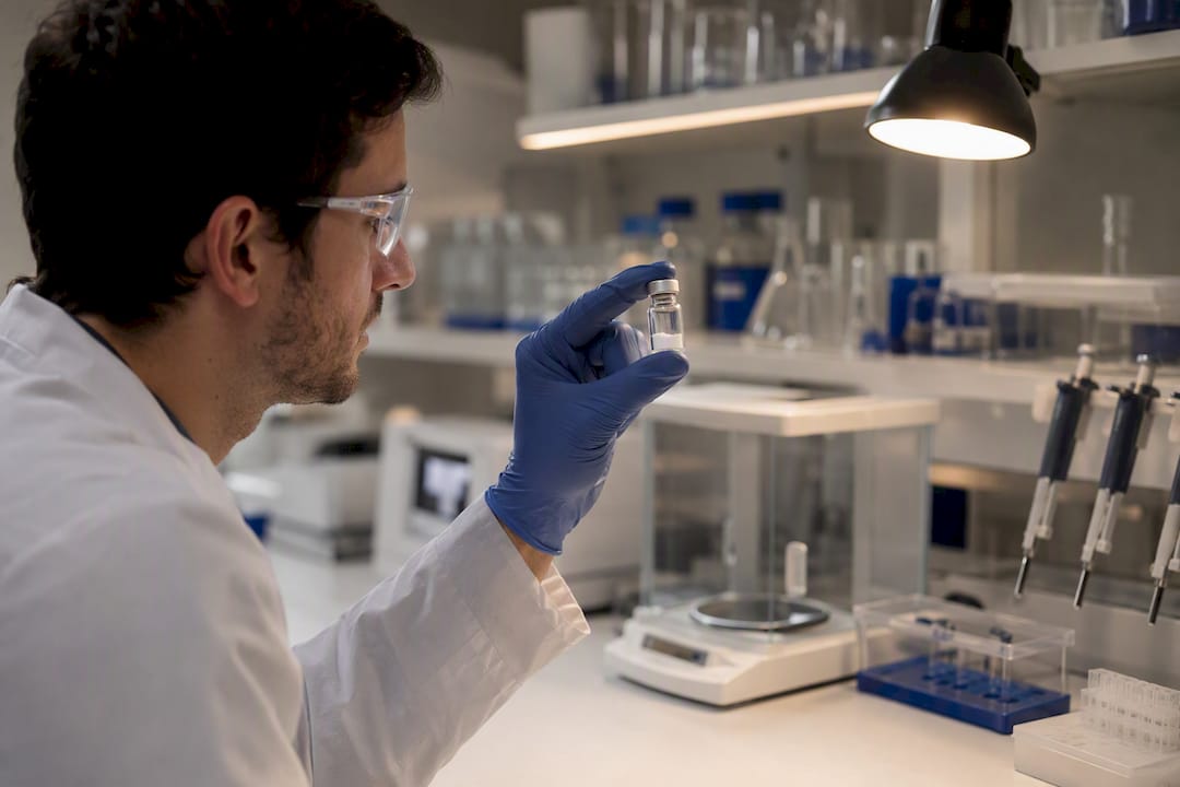 Scientist holding peptide vial in lab