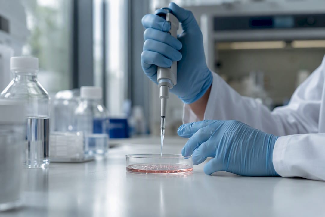 Hands pipetting telomerase activator into cell culture dish