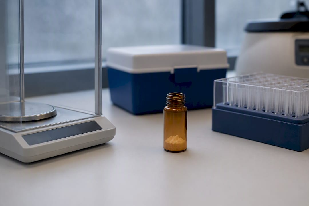 Lyophilized peptide vial on lab bench