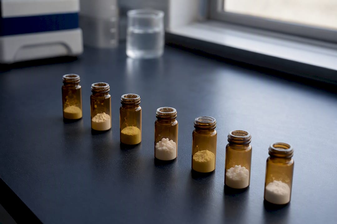 Cluster of peptide powder vials on white surface
