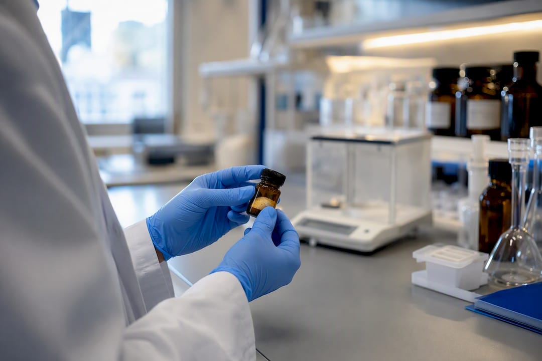 Gloved hands holding vial with synthetic compound powder