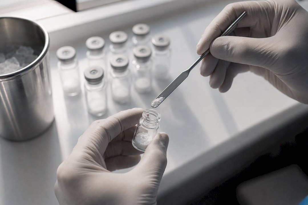 Close-up of researcher transferring peptide powder