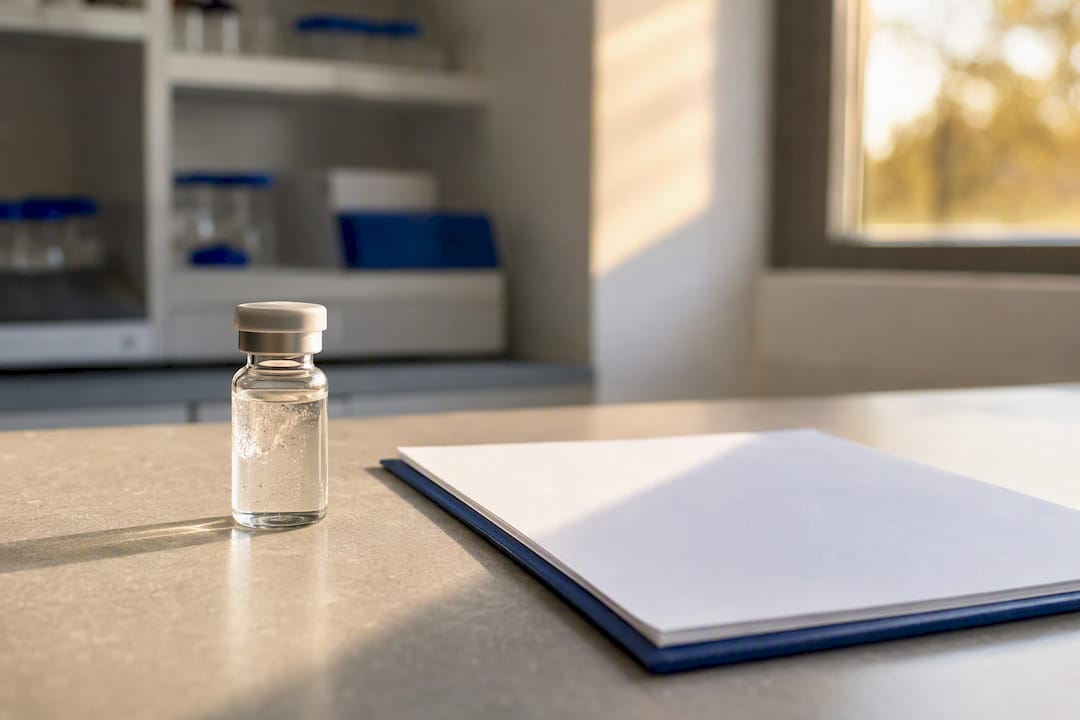 Research peptide vial beside blank COA form