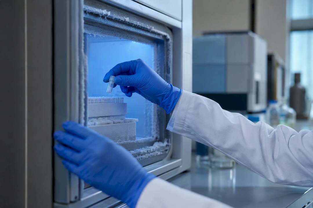 Hands storing peptide vial in lab freezer