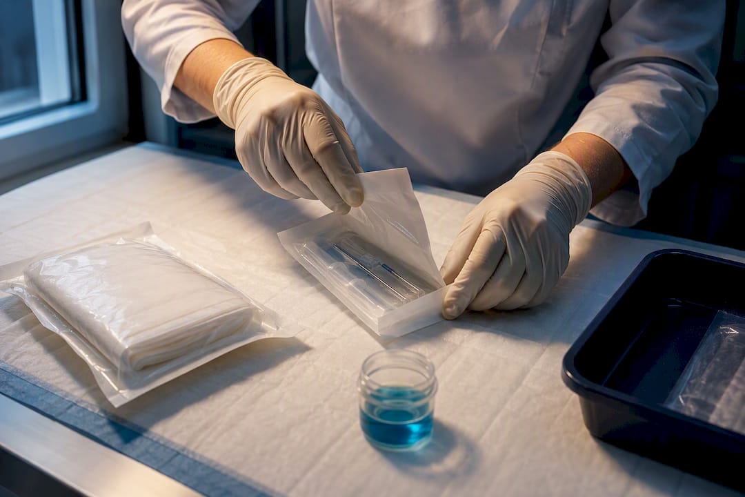 Clinician establishing an aseptic procedure field