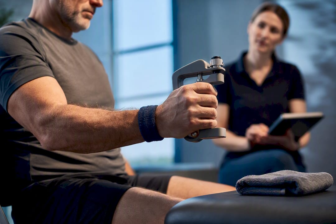 Participant completing clinical grip strength test