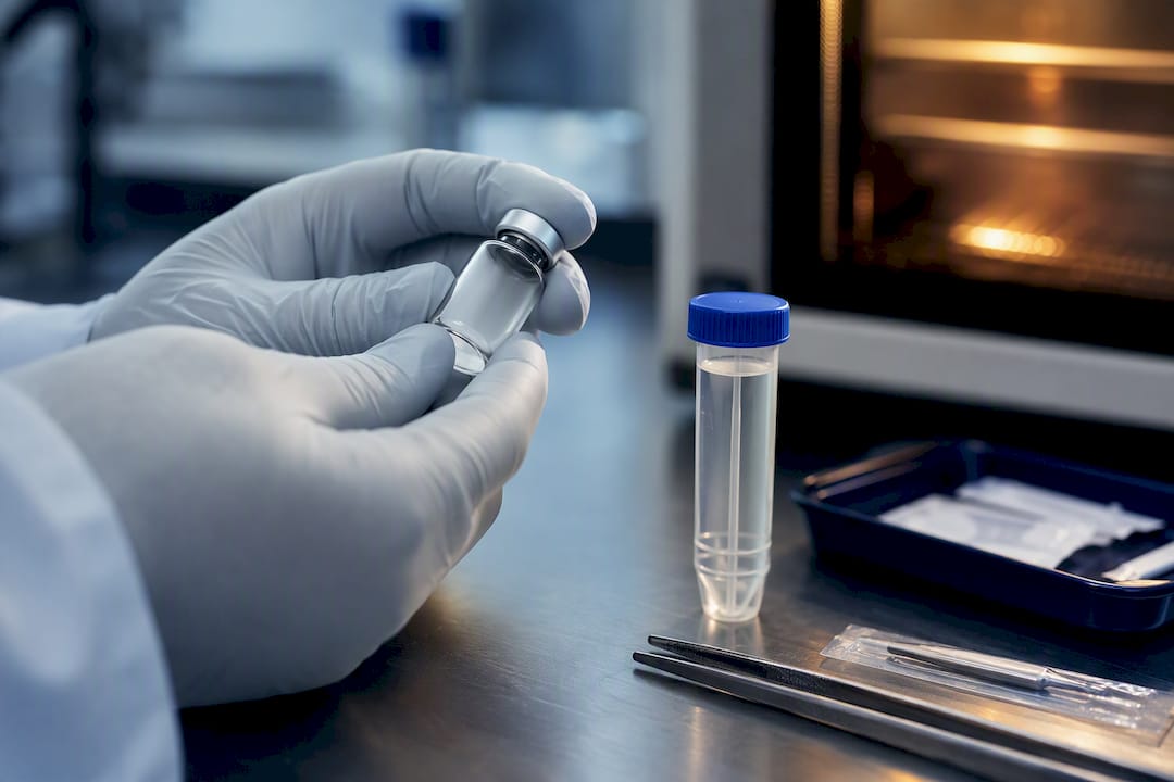 Laboratory hands inspecting a sealed sample vial